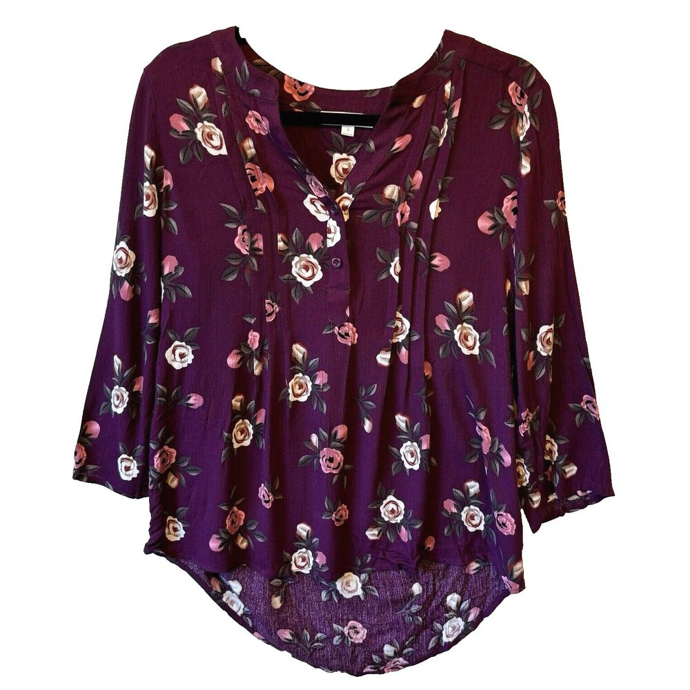 Monday Fun Henley Blouse Small Dark Maroon Floral Blouse‎ Pleated V-Neck NWOT